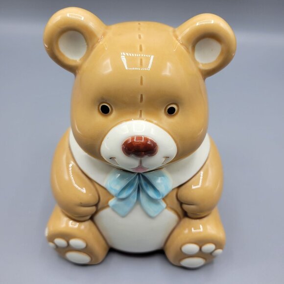 Vintage Lefton Geo Z. Teddy Bear Money Bank Light Brown Blue Bow Ceramic - Picture 11 of 13